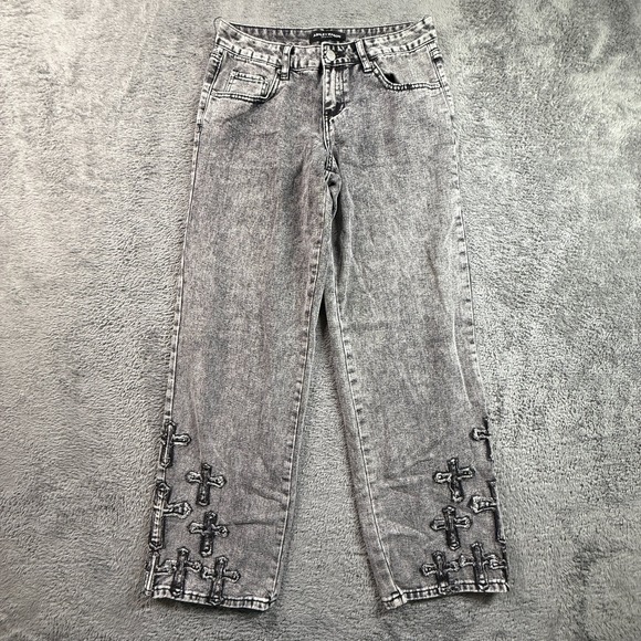 Ashley Mason Denim - Ashley Mason Premium Womens 27 Cross Embroidered Relaxed Gray Jeans Denim